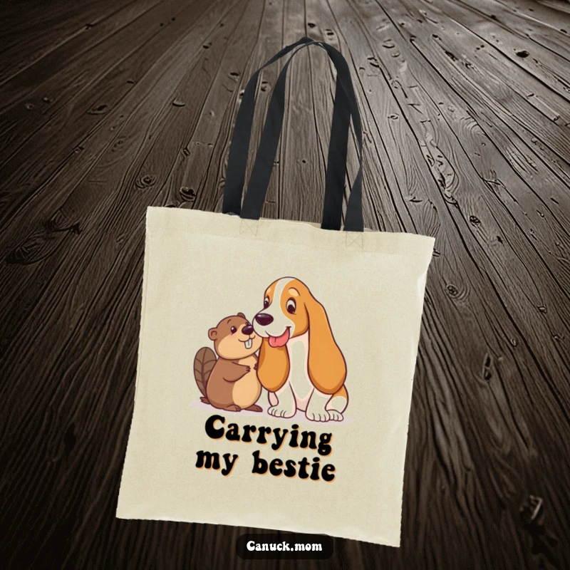 Funny Basset Hound and Beaver Tote Bag: A Basset Hound and a Beaver share a playful glance, perfect for carrying essentials.