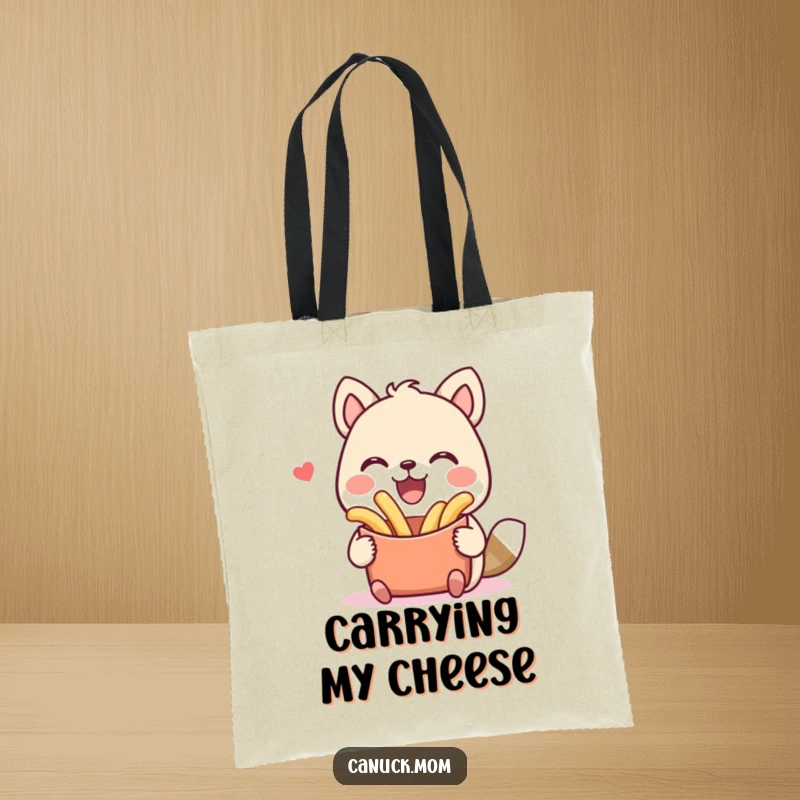 Funny tote bag with a happy animal character holding a generous portion of poutine, smiling widely. A perfect humorous accessory gift.