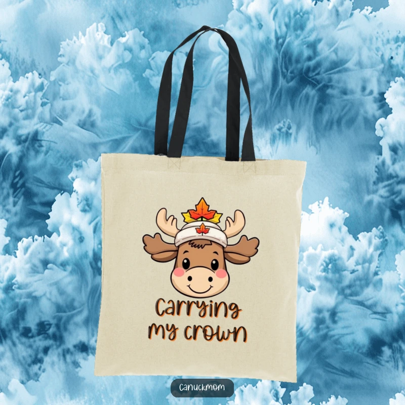 Funny Moose Tote Bag featuring a smiling character with a tiny maple leaf hat, ideal for carrying humor.
