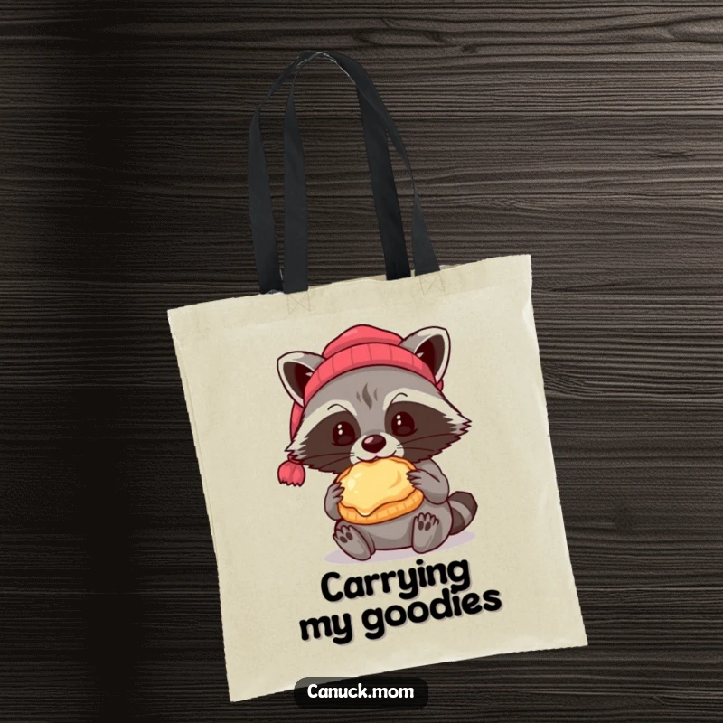 Funny raccoon wearing a beanie eating a butter tart, cute tote bag for shoppers.