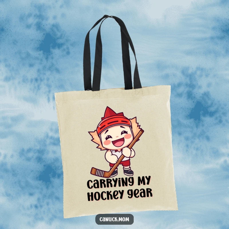 Funny maple leaf character embracing a hockey stick, perfect for carrying game day gear with a smile.