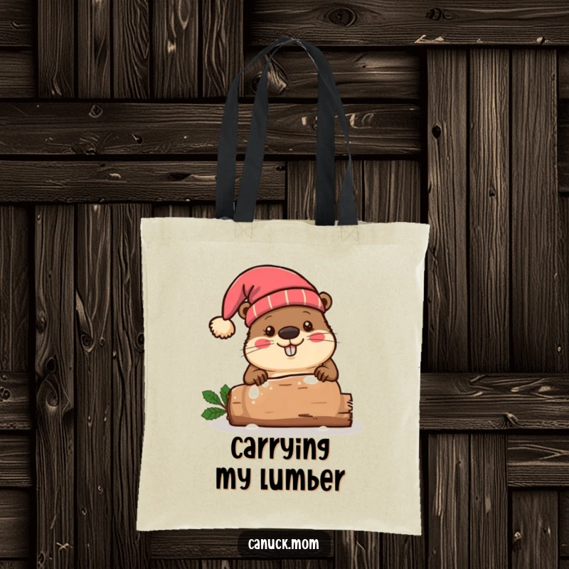 Funny beaver wearing a toque hat, chopping a festive log, perfect for carrying gifts and holiday supplies.