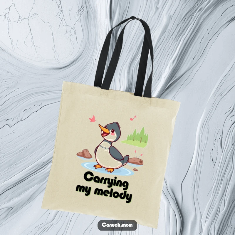 Funny Kawaii Loon Tote Bag: A cute Kawaii loon sings by a lake, perfect for carrying items with cheerful, natural style.
