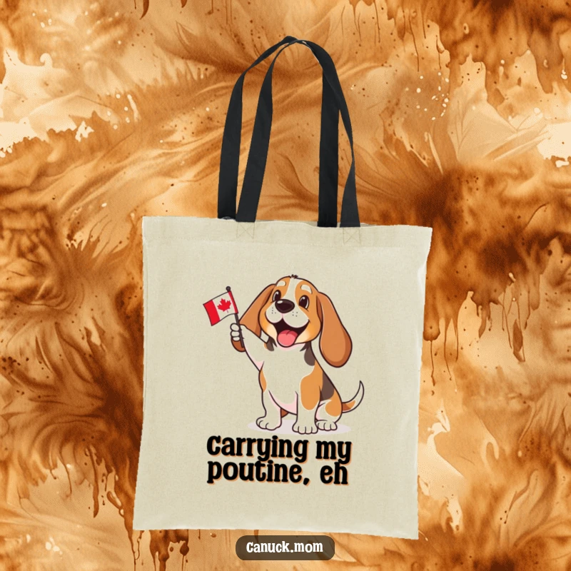 Funny Basset Hound tote bag enthusiastically waving a small Canadian flag, perfect for groceries or everyday use, bringing patriotic cheer and humor.