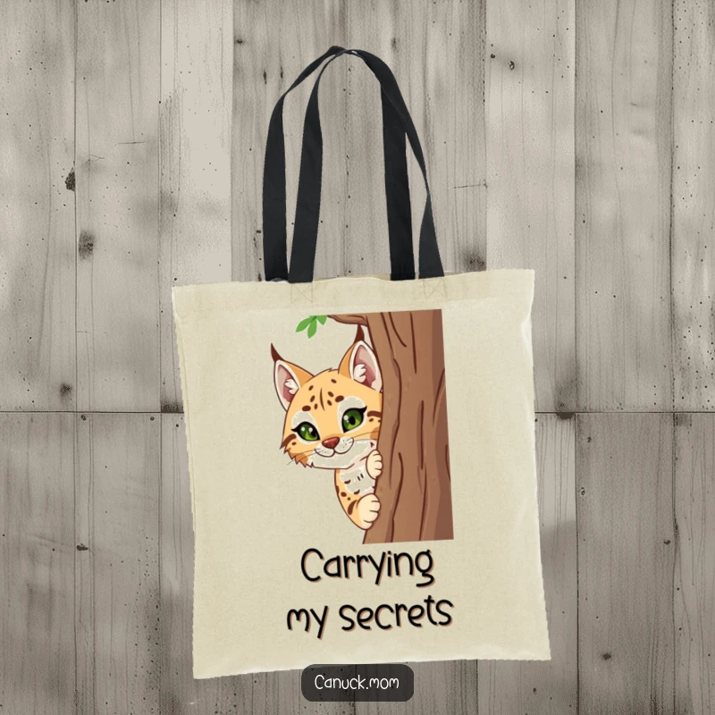 Funny Lynx Tote Bag showing a smiling lynx peeking from behind a tree, perfect for carrying items humorously.