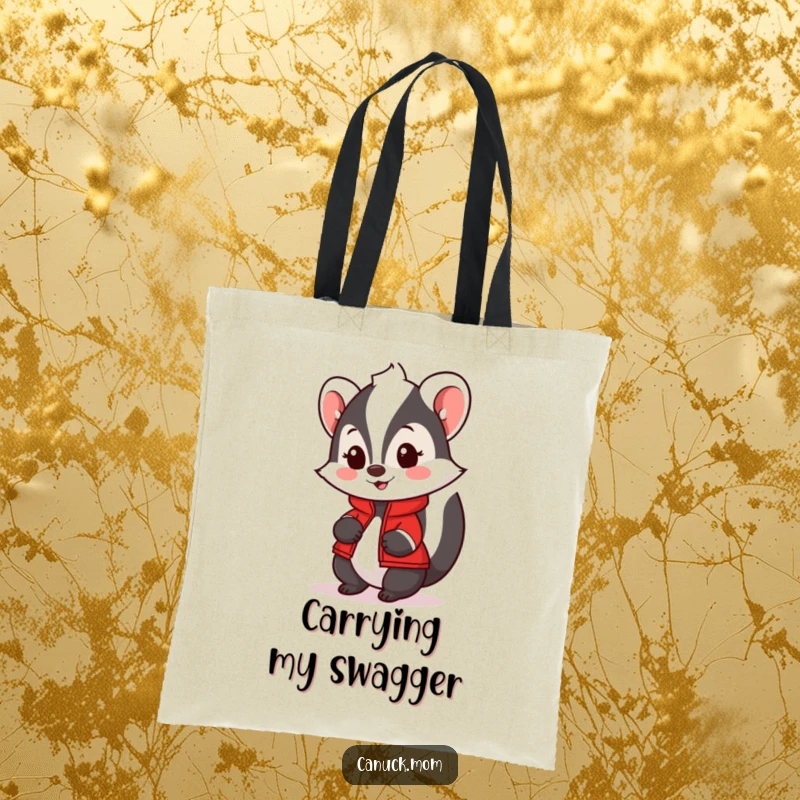 Funny Skunk Tote Bag with a tiny red jacket, looking approachable and stylish, ideal for carrying items humorously.