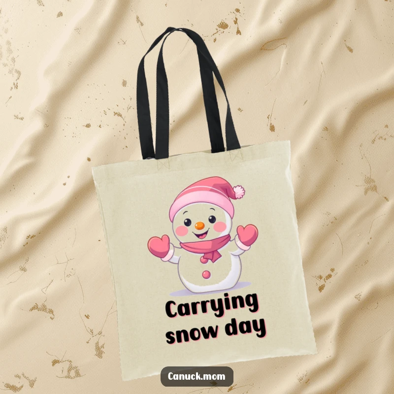 Funny Snowman Tote Bag with a happy, small snowman character wearing mittens and waving hello, great for winter errands and a funny gift.