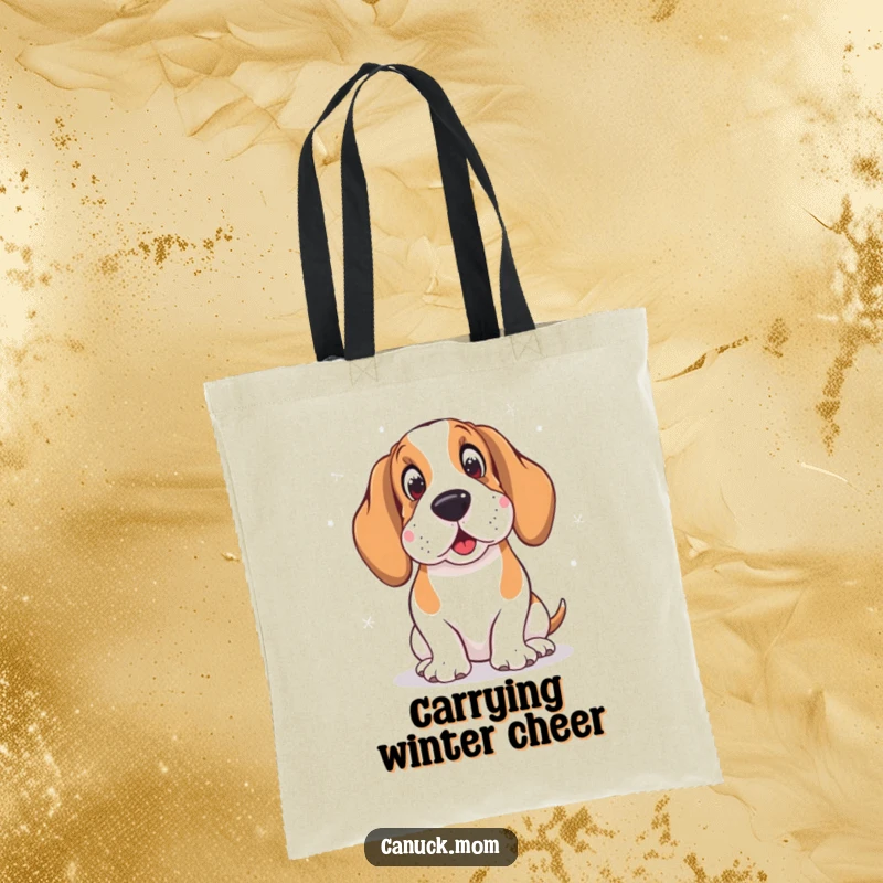 Funny tote bag with a Basset Hound wearing earmuffs, looking amused by snowflakes, perfect for carrying essentials.