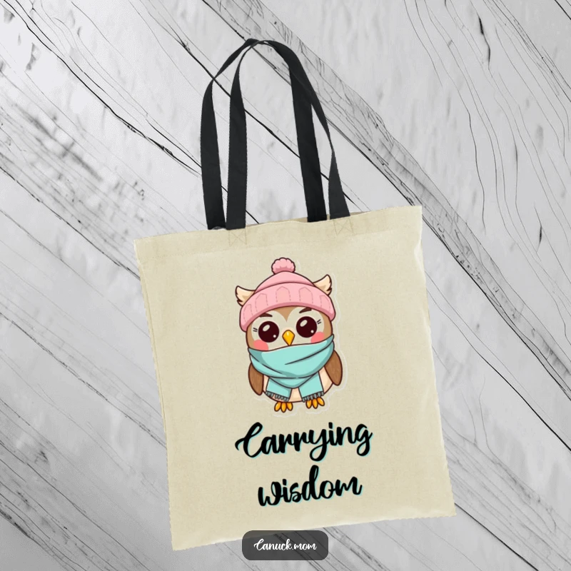 Kawaii Owl Tote Bag adorned with a toque and scarf, perfect for carrying cute winter essentials.