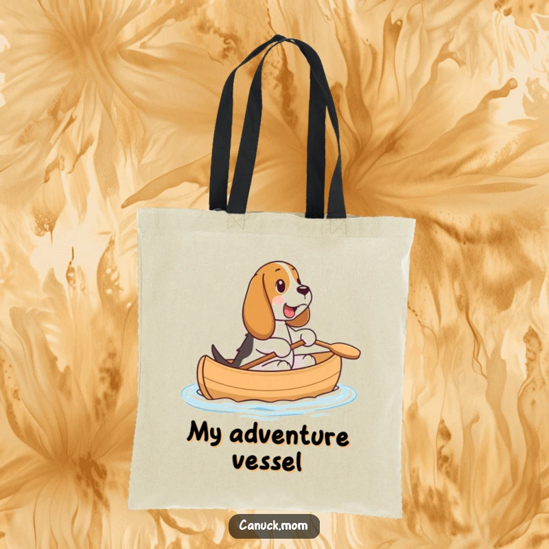 Funny Basset Hound Canoe Tote Bag: A happy Basset Hound rides in a small canoe, perfect for carrying your adventure gear.