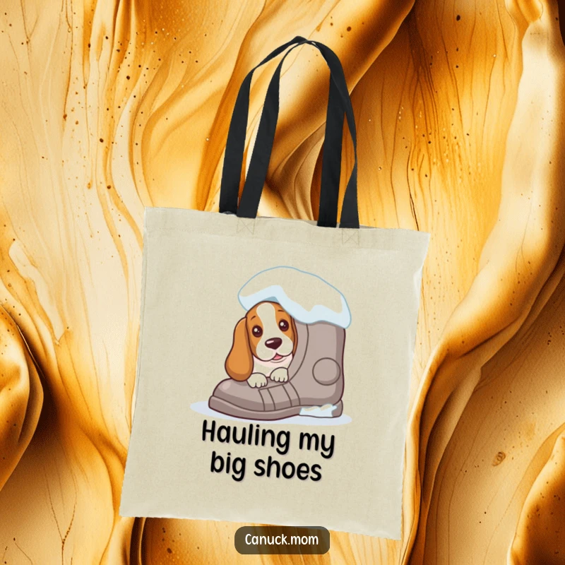 Funny Basset Hound tote bag showing curious peek from behind a giant snowshoe, ideal for winter errands and carrying essentials with humor.