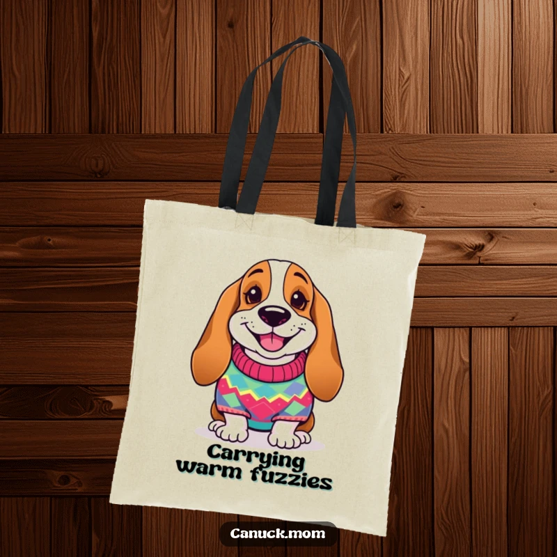 Funny Basset Hound Tote Bag: A smiling dog in a cozy knitted sweater, perfect for everyday errands.