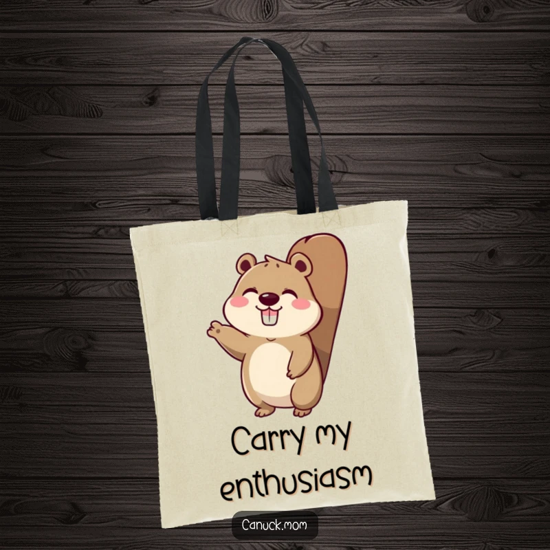 Funny tote bag showing an animal character with a beaver tail, enthusiastically waving hello.