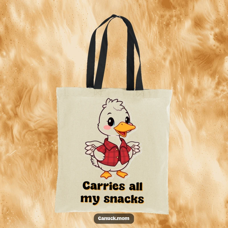 Funny Canadian Goose Tote Bag featuring a smiling goose in a red plaid shirt, great for shopping and a funny gift.