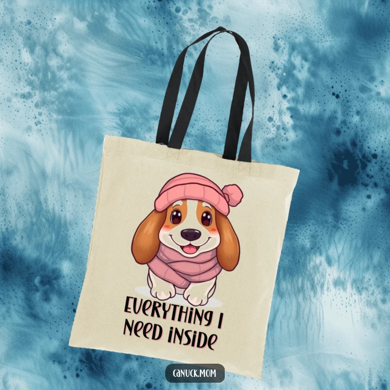 Funny Basset Hound Tote Bag: A smiling hound in winter scarf and toque, perfect for carrying essentials with cozy humor.