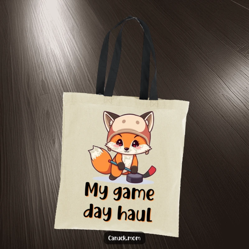 Funny fox wearing a trapper hat, playing hockey with a puck on a tote bag, offering sporty and humorous utility.