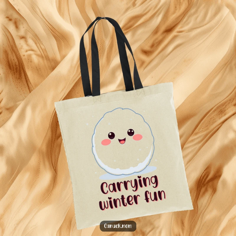 Funny Kawaii Snowball Tote Bag with a smiling snowball character, mid-throw, great for carrying items and a funny gift.