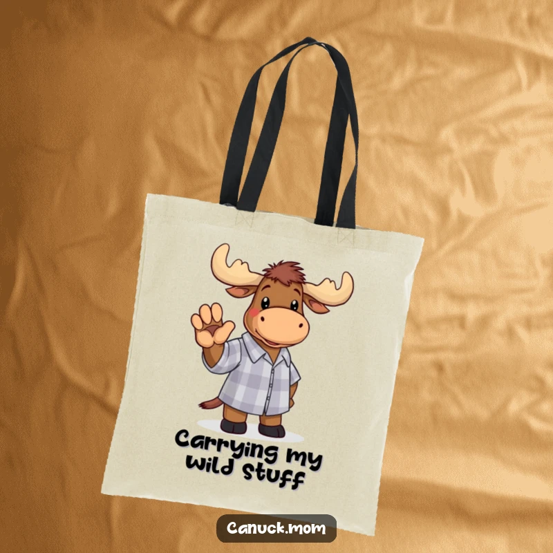 Funny moose in a checkered shirt waving hello, featured on a tote bag, offering practical humor for everyday carry.