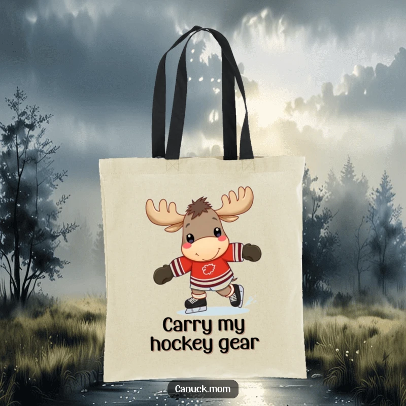 Funny moose tote bag with a cheerful moose wearing a hockey jersey, happily skating, perfect for carrying essentials.