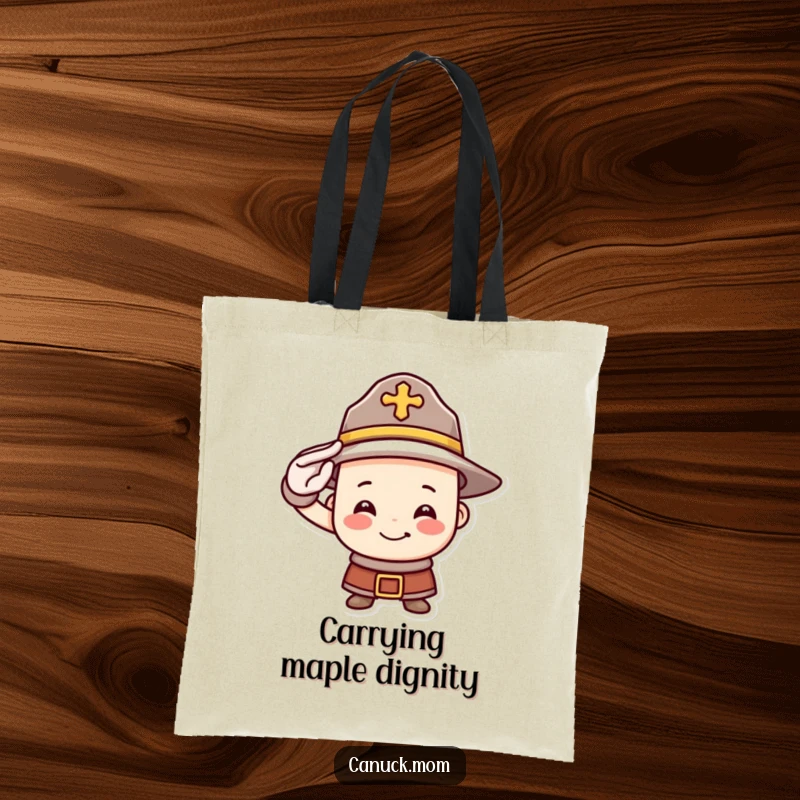 Funny Mountie hat tote bag with a happy, saluting face, showcasing Canadian pride and humor for stylish and practical everyday carrying.