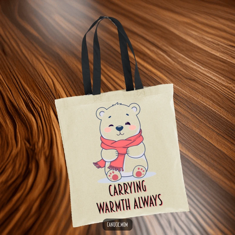 Funny Polar Bear Hug Tote Bag, a canvas bag featuring a cheerful cartoon polar bear in a knitted scarf, offering a welcoming hug.