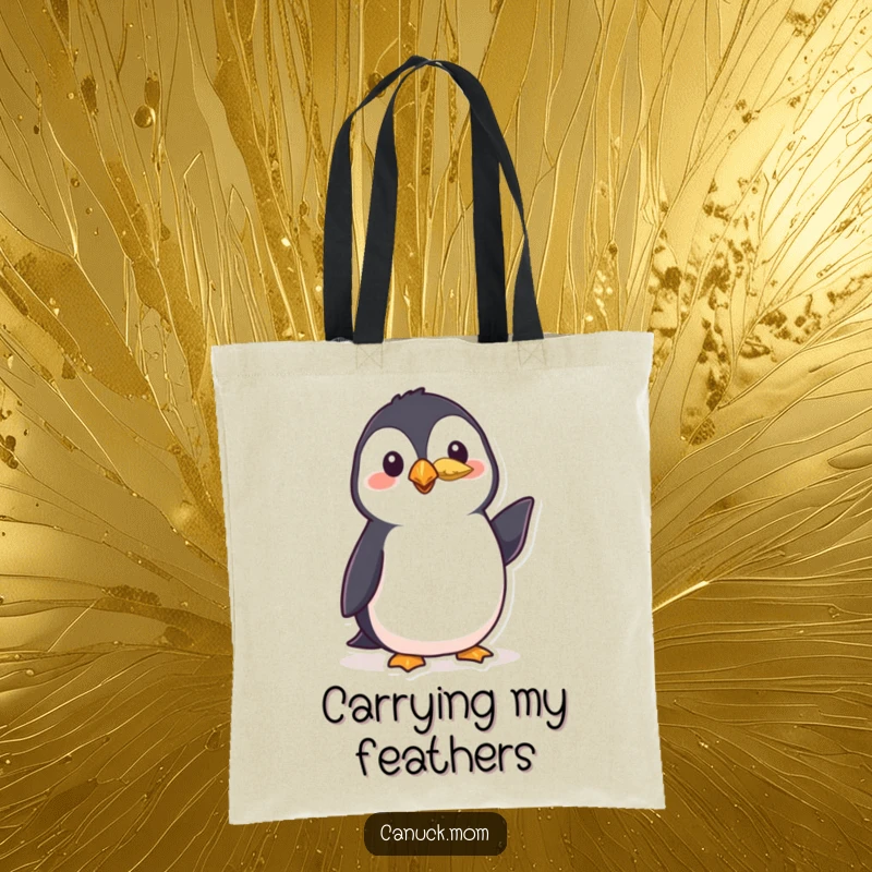 Funny puffin tote bag showing a polite bird wearing a small feather and giving a friendly nod, a charming and humorous accessory.