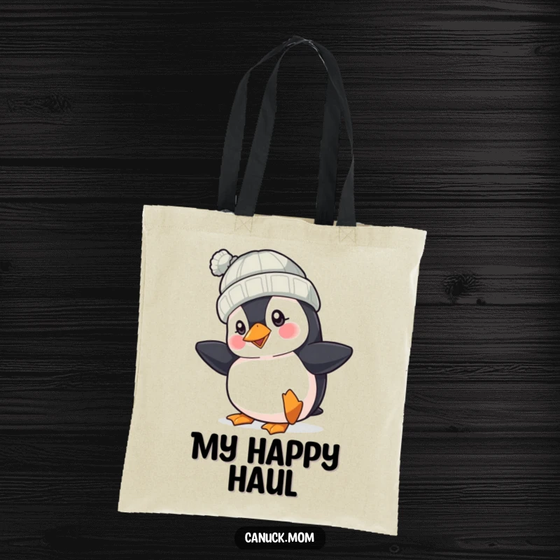 Funny Puffin Hat Tote Bag: A cheerful puffin with a knit hat taps its foot, making a stylish and humorous statement for everyday use.