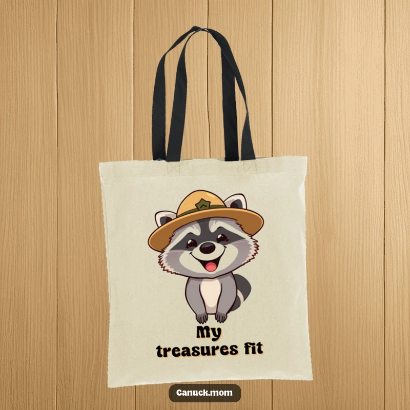 Funny tote bag showcasing a grinning raccoon wearing a park ranger hat, looking curiously, ideal for explorers.