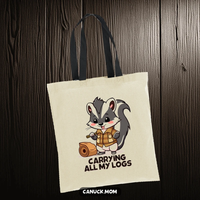 Funny skunk wearing a lumberjack shirt, chopping wood, durable tote bag for shoppers.