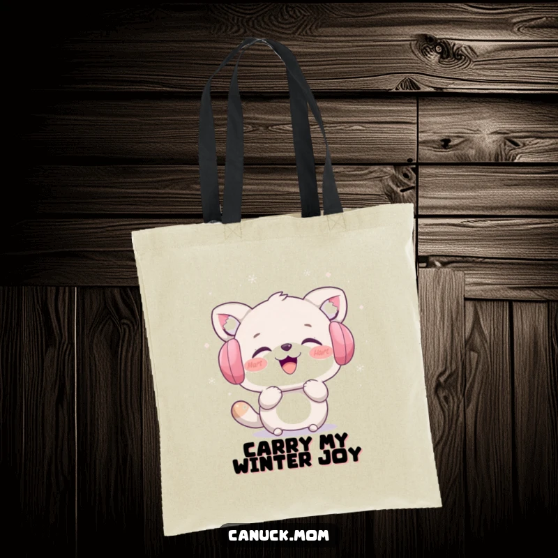 Funny tote bag with an animal in earmuffs laughing heartily while catching snowflakes. A charming and humorous winter accessory gift.