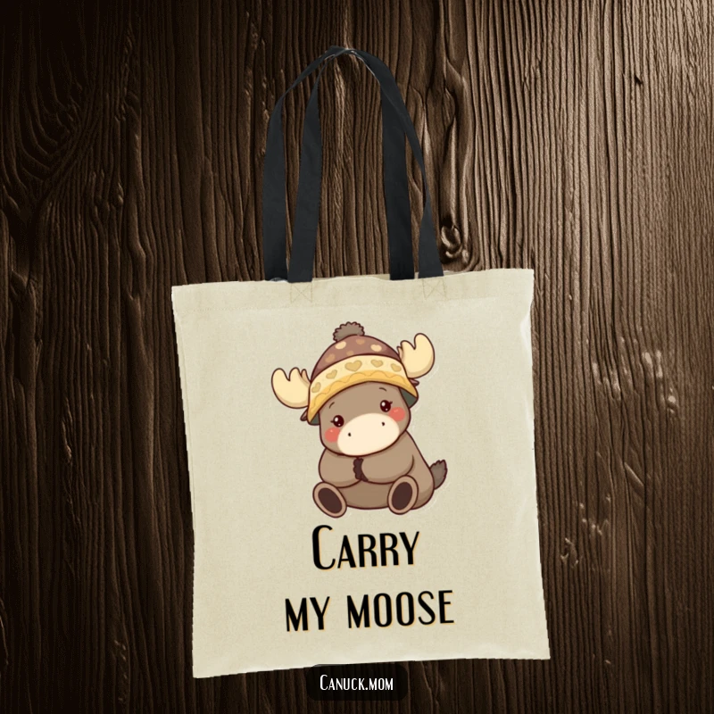 Funny tote bag with an animal character in a toque hugging a moose, perfect for carrying essentials.