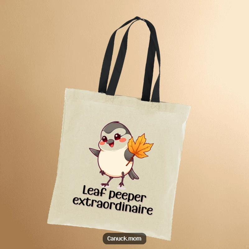 Funny chickadee tapping foot with maple leaf on a reusable tote bag, perfect for shopping.