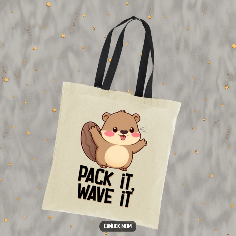 Funny tote bag with an animal character known for its beaver tail, waving enthusiastically, ready to carry your essentials with cheer.