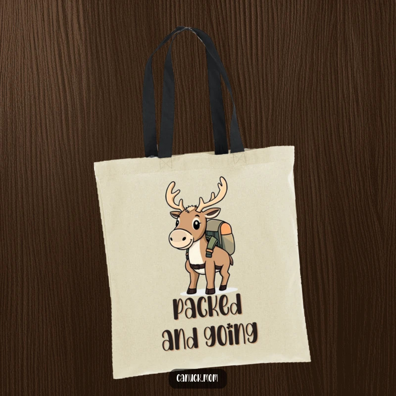Funny determined caribou wearing a backpack on a tote bag, ready for travel.