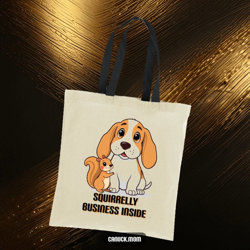 Funny Basset Hound Tote Bag: A surprised hound watches a squirrel, perfect for carrying groceries or smiles.