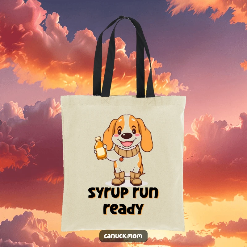 Funny Basset Hound Tote Bag: A smiling dog in boots holds maple syrup, perfect for breakfast runs.