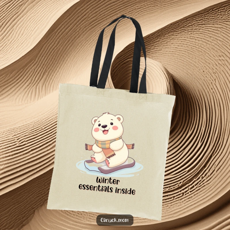 Funny kawaii baby polar bear on a scarf, hilariously sliding on ice, printed on a reusable tote bag.